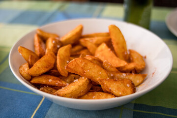 Tasty Plate of Fried or Baked Potato Wedges Cut with Coarse Salt on Top Ready to Eat at the Table as an Appetizer or Starter