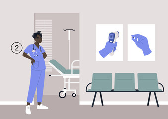 Therapist cabinet waiting area, seats and posters on the wall, health care concept, annual checkup