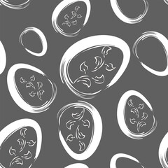 Vector. Easter design with hand drawn brush strokes, gray, white eggs. Modern minimalist style. Seamless pattern, background for a postcard, banner, brochure, poster and other promotional products.
