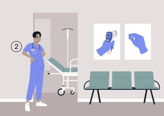 Therapist cabinet waiting area, seats and posters on the wall, health care concept, annual checkup