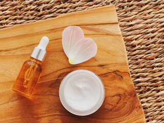 Skincare, spa and body care cosmetic products on wooden background, flatlay design, organic beauty routine and natural cosmetics