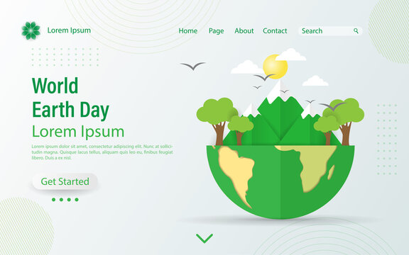 World Earth Day Website landing page design with mountain, trees and sun on multicolor background.