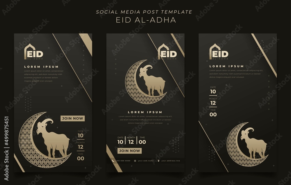 Wall mural set of social media template in black gold background with crescent and goat for eid al adha