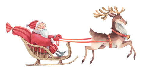 Santa Claus in a sleigh with a reindeer in harness, isolated on a white background, hand drawn in watercolor. Good for Christmas cards and New Year's decorations - obrazy, fototapety, plakaty