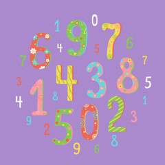 Fototapeta premium The numbers are multi-colored in the style of doodle. Set. Design for children's holidays, birthday. Vector illustration.