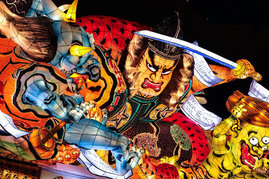 Title: Aomori, Japan - February 16 2017: a spectacular warrior Nebuta float used for "Aomori Nebuta Matsuri Festival" at Nebuta Museum Wa Rasse in Aomori prefecture Japan