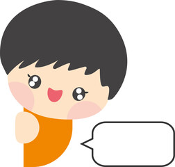 Cute boy hiding behind the wall with blank speech bubble. Kid talking with blank speech bubble. Blank speech bubble for your text. Isolated speech dialog. Vector, Illustration, EPS10