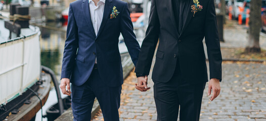European Gay Couple on a wedding day, same sex couple marriage.