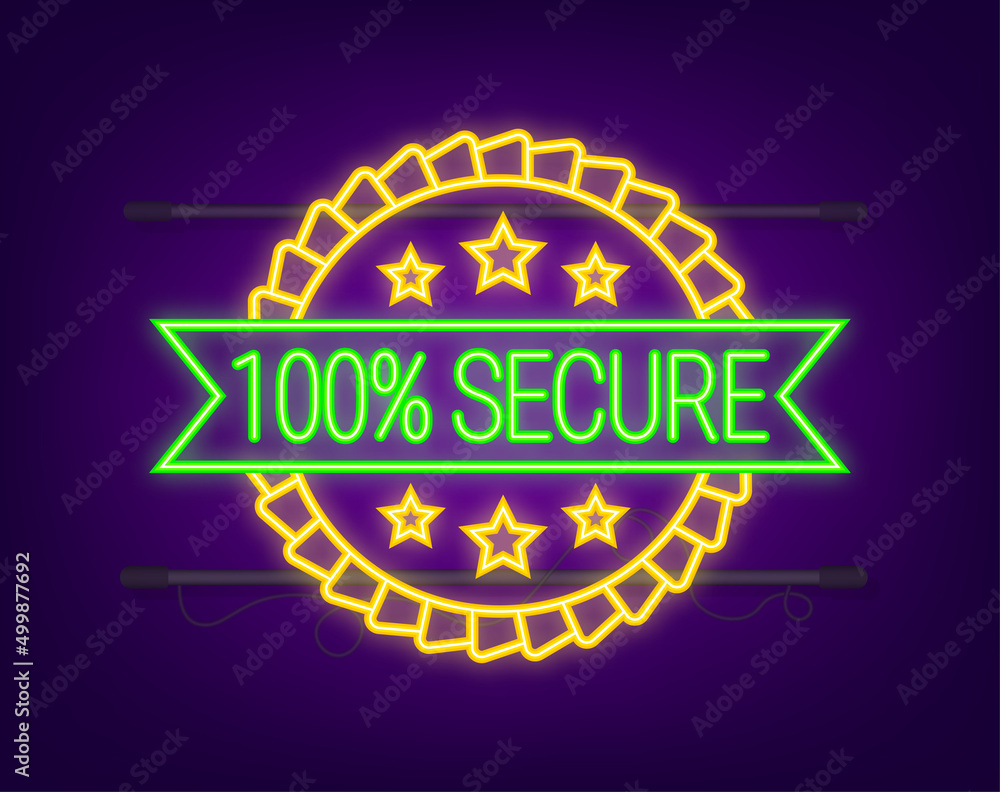 Sticker 100 Secure grunge neon icon. Badge or button for commerce website. Vector stock illustration.