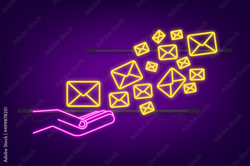 Poster envelope with a newsletter concept. open message with the document. subscribe to newsletter neon ico