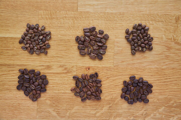 six different types of coffee on a wooden board