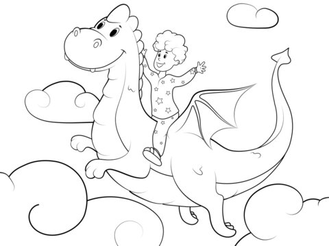 Children coloring, the boy flies on a dragon in the sky. Black lines, white background.