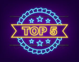 Top 5 label neon. Golden laurel wreath icon. Vector stock illustration.