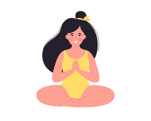Woman meditating in swimsuit. Healthy lifestyle, yoga, relax, breathing exercise. Hello summer. Hand drawn vector illustration