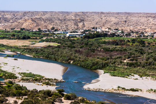 Piura, Peru: Aerial view of the Chira river valley near the town of Amotape