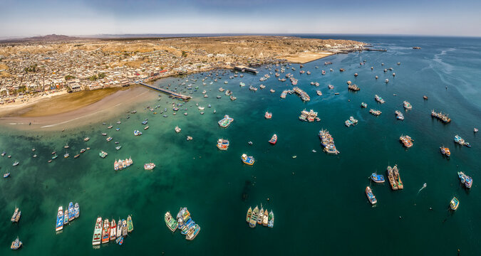 Paita, Piura, Peru: Aerial panoramic drone view of the Paita harbor