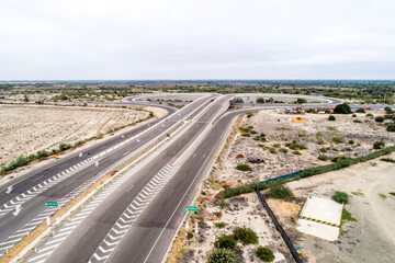 Piura, Lambayeque, Peru: aerial view of the Olmos road interchange, access route to the jungle of northern Peru from the coast