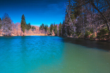 Kleiner Bergsee im Harz in Deutschland Niedersachsen in der Nähe von Zorge im Frühling bei blauen...