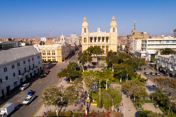 Fototapeta na wymiar Chiclayo, Peru: Aerial drone view of the Chiclayo main square and cathedral church