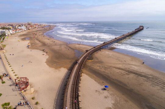 Pimentel, Chiclayo, Peru: Aerial view of the Pimentel pier, the longest in Peru