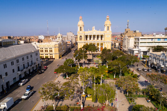 Chiclayo, Peru: Aerial drone view of the Chiclayo main square and cathedral church