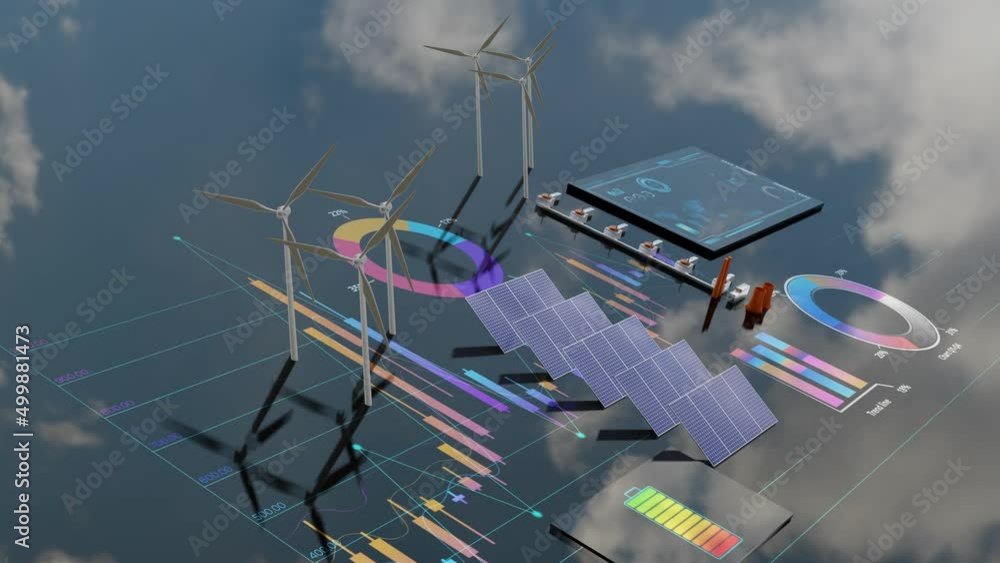 Poster solar panel, wind turbine and nuclear power green energy concept animation. renewable energy data ch