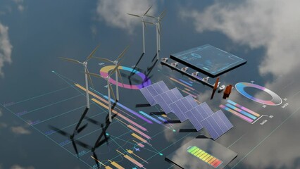 Solar panel, wind turbine and nuclear power green energy concept animation. Renewable energy data charts animation with 3D objects. 3D rendering animation. - Powered by Adobe