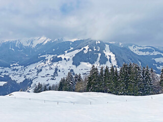 Beautiful winter ambience in the alpine valley of the Lutheren stream, at the foot of the Alpstein mountain range and in the Obertoggenburg region - Nesslau, Switzerland (Schweiz)
