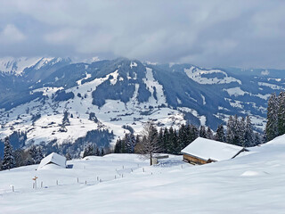 Beautiful winter ambience in the alpine valley of the Lutheren stream, at the foot of the Alpstein mountain range and in the Obertoggenburg region - Nesslau, Switzerland (Schweiz)