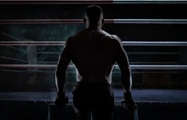Kickboxer climbs into the ring. View from the back. Sports competitions. Fight night. The concept...