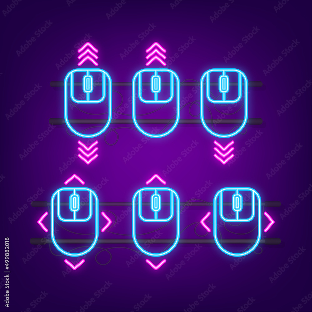 Poster scrolling mouse neon icon. landing page. computer mouse. vector stock illustration.