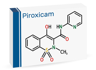 Piroxicam, piroksikam molecule. It is nonsteroidal anti-inflammatory drug NSAID. Skeletal chemical formula. Paper packaging for drugs