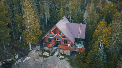 Lonely chalet in Canadiana forest, by drone