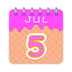 5 day of the month. July. Waffle cone calendar with melted ice cream. 3d daily icon. Date. Week Sunday, Monday, Tuesday, Wednesday, Thursday, Friday, Saturday. White background. Vector illustration.