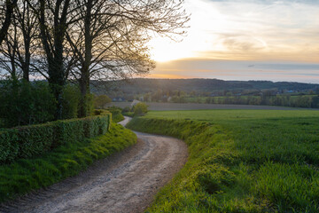 Fototapeta na wymiar A spring landscape with rolling hills in the south of Limburg during a spectacular sunset with a dirt road which seems to lead to the sun