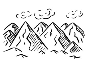 Mountains switzerland alps in sketch style on white background. Hand drawn illustration. Vector design. Scenic Forest landscape.
