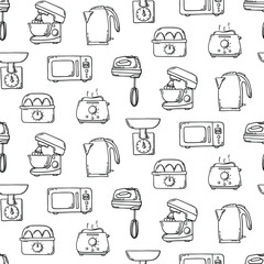 Vector black and white seamless pattern small kitchen appliances: kettle, microwave, mixer, kitchen machine, scales, egg cooker, toaster