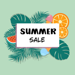 Summer sale banner for a hot season with tropical leaves, fruits, and ice cream. Vector discount poster. Summer time wallpaper.
