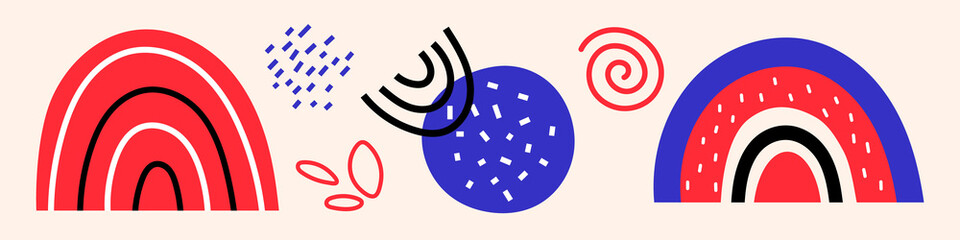 Obraz premium Vector set with abstract shapes. Rainbows and blots. Dots and spots. Red and blue elements.