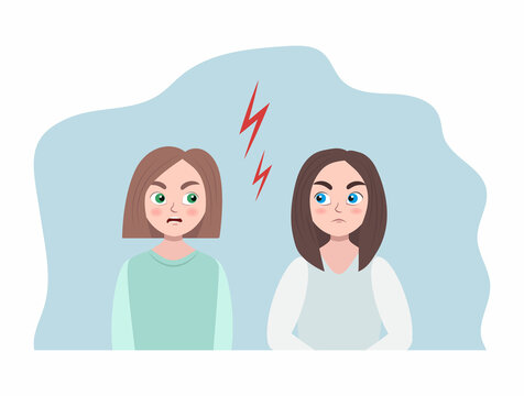 conflict of two women. vector flat illustration. concept of rivalry and competition of women, dispute and dissatisfaction