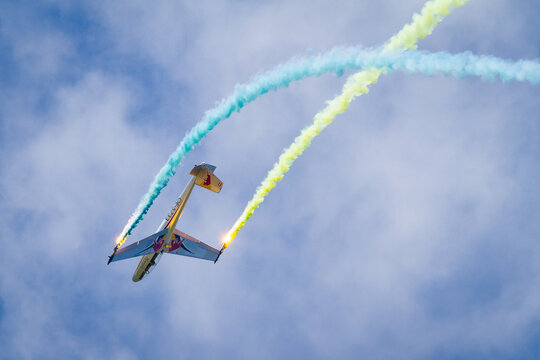Glider aerobatics formation Blanix showing its perfect display in front of blue sky at the Airpower airshow in Austria