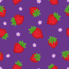 Ripe strawberries and light pink flowers on dark purple background. Seamless fruit doodle pattern. Suit for wrappging paper, textile, packaging. Clipping.