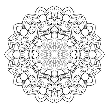 Decorative mandala with floral  patterns, vintage elements on a white isolated background. For coloring book pages.