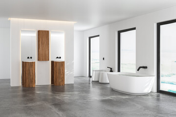 Naklejka na ściany i meble Dark grey bathroom with white bathtub, toilet and two sinks with square mirrors. White minimalist design of modern bathroom. 3D rendering