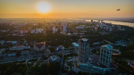 The beautiful city of Dnipro at sunset, photo from Dron