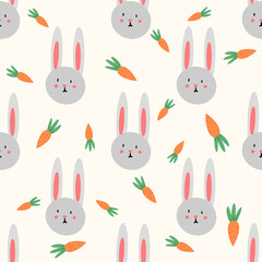 Easter bunny and carrot cute seamless pattern. Happy Easter background. Vector illustration for the design of fabric, gift paper, children s clothing, textiles, cards