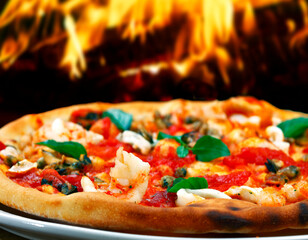 Seafood pizza baked in a wood-fired oven