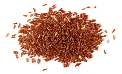 Red wild rice pile isolated on white, top view 