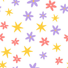 Flower and star seamless pattern. Scandinavian style background. Vector illustration for fabric design, gift paper, baby clothes, textiles, cards.