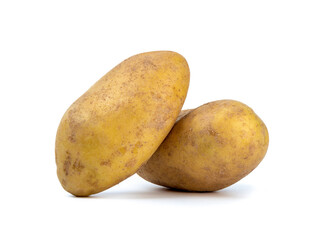 Two whole raw potatoes on a white background.